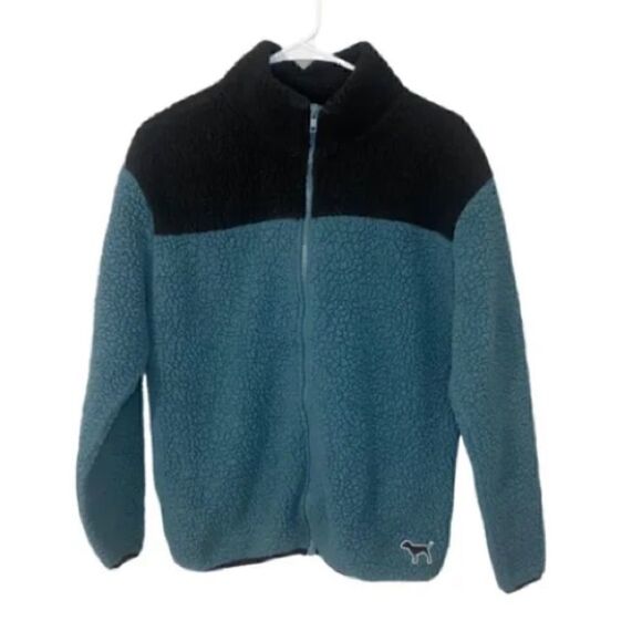 Victoria's Secret PINK Sherpa Fleece Full Zip Jacket Anorak Coat Teal/Black - Picture 1 of 5